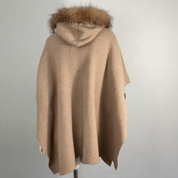Mitchie's 100%Wool Hooded Poncho Cape Fox Fur Trim Beige Tan Coat - Picture 11 of 16